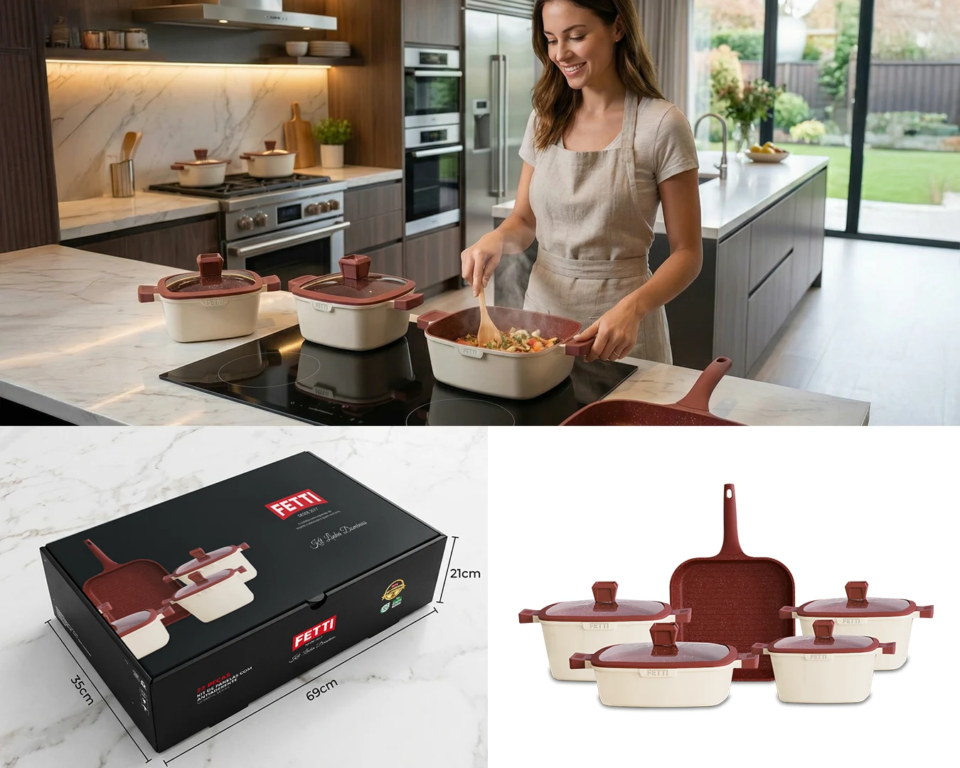 Kit Linha Dominus da Fetti: panelas em uso na cozinha, embalagem com dimensões e conjunto completo de peças