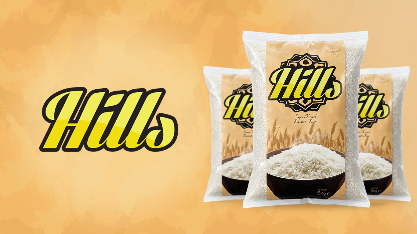 Aplicação da marca Hills Rice na embalagem de arroz basmati