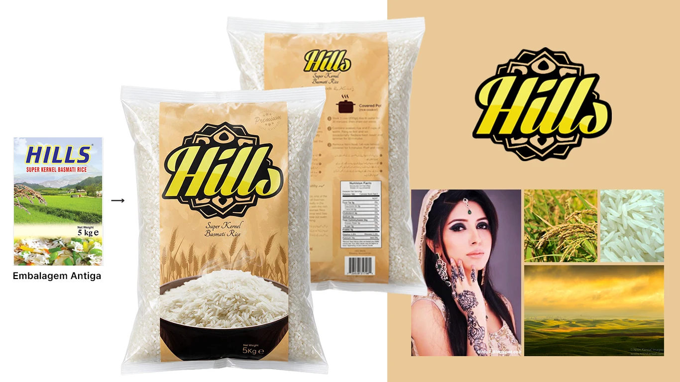 Detalhes do layout da embalagem Hills Rice com os textos em Urdu