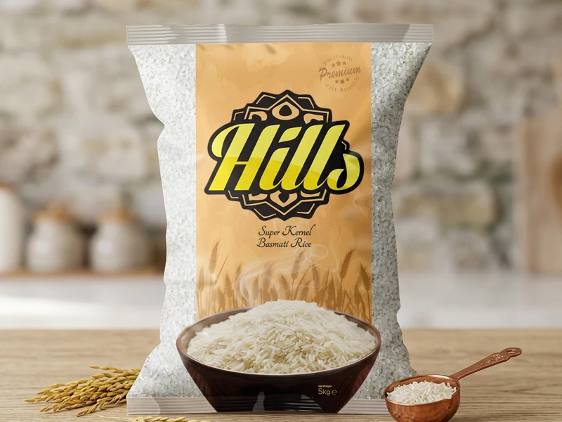 Embalagem de arroz basmati Hills Rice com textos em Urdu