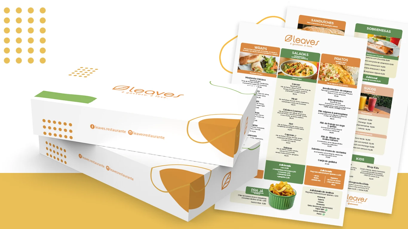 Cardápios da Leaves com seções de wraps, saladas, pratos, sanduíches, sobremesas, sucos e kids, ao lado das embalagens de delivery