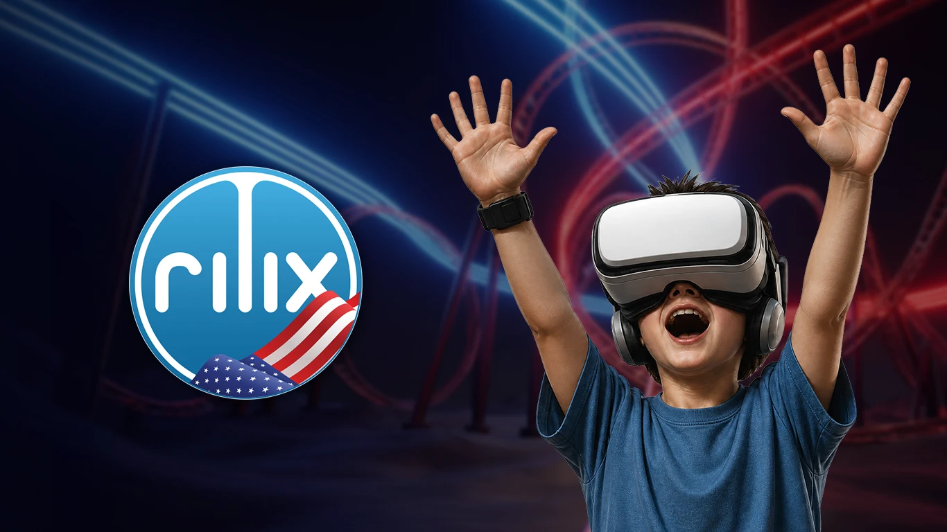 Peça da Rilix para o mercado americano: criança usando óculos de realidade virtual ao lado da marca com a bandeira dos Estados Unidos