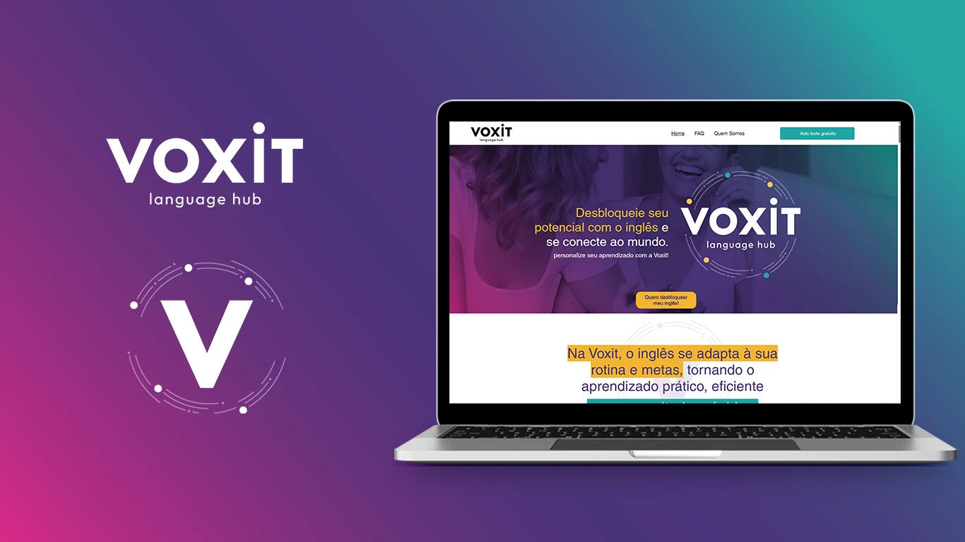 Marca Voxit, símbolo V com o anel de pontos e a home do site em notebook