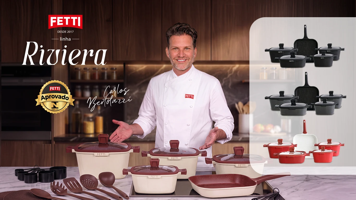 Peça da linha Riviera da Fetti com o chef Carlos Bertolazzi e o conjunto de panelas em ambiente de cozinha