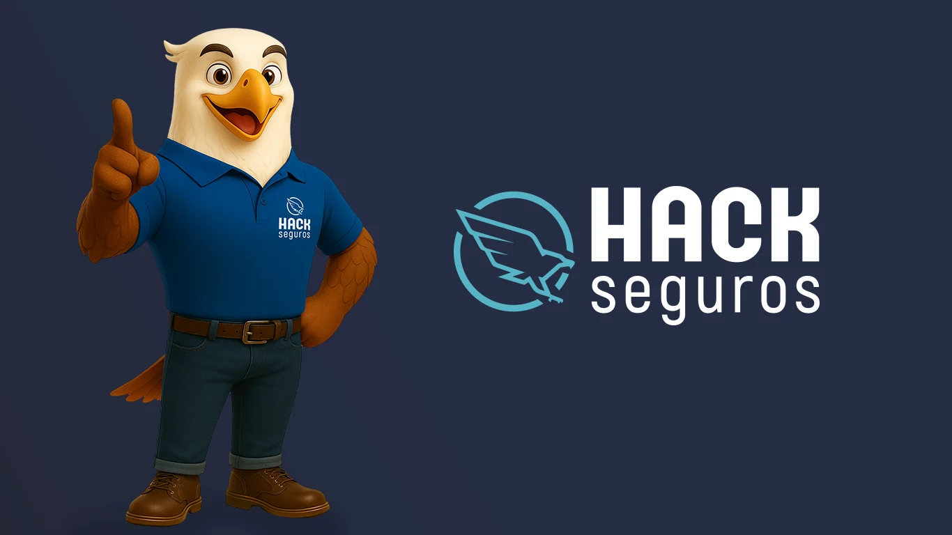 Mascote da Hack Seguros: águia em 3D em quatro vistas, apresentando uma residência segurada e segurando um contrato