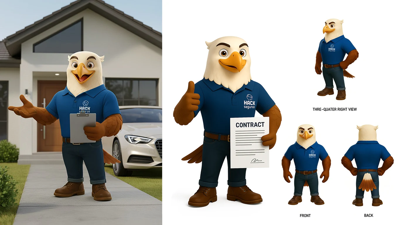 Vistas do mascote da Hack Seguros em 3D — frente, três quartos, perfil e costas — e o personagem em duas situações de atendimento