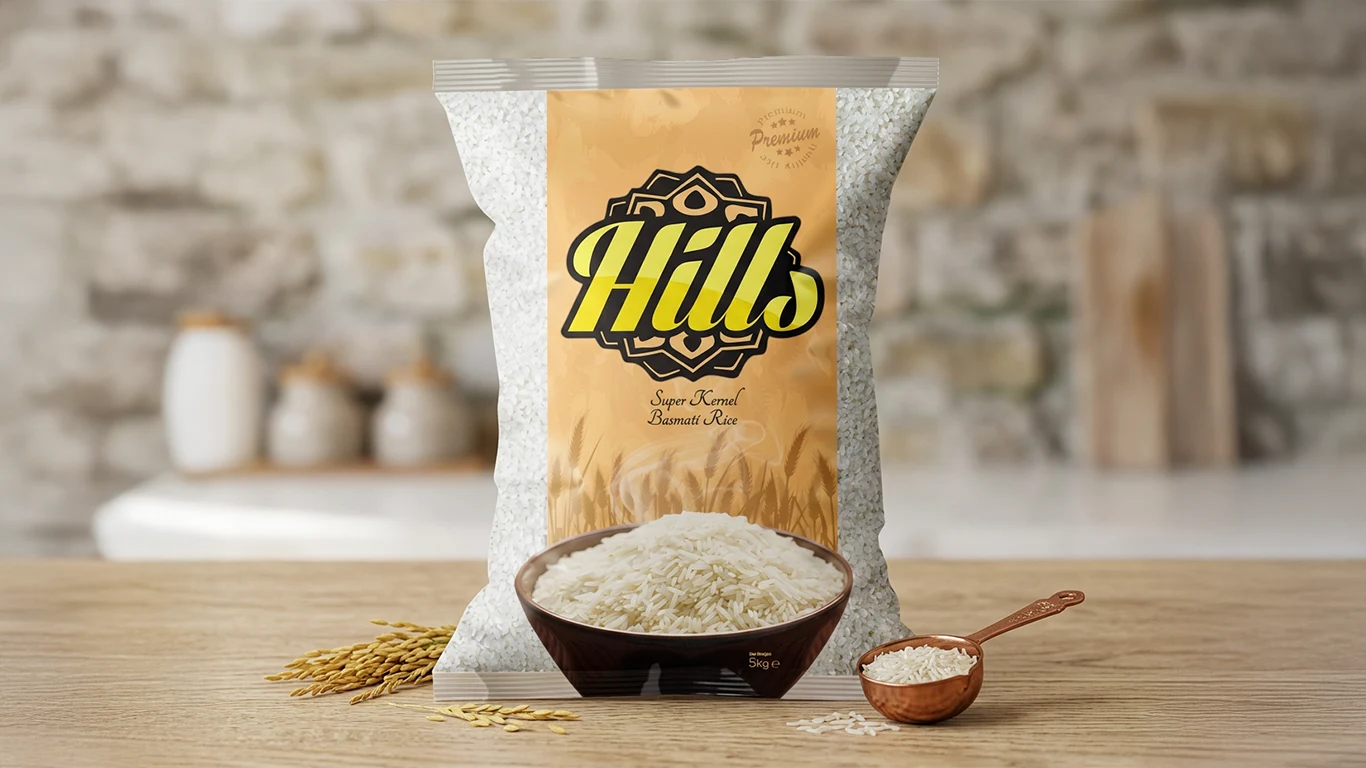 Embalagem de arroz basmati Hills Rice com textos em Urdu
